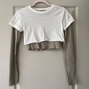 BDG by Urban Outfitters Layered Crop Top — White & Olive Green Long-Sleeve